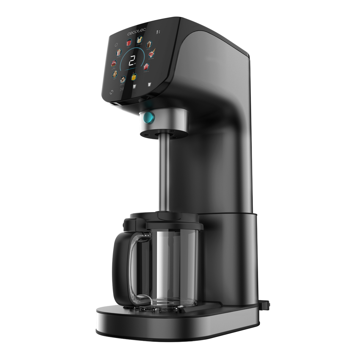 Un frullatore nero e argento con contenitore in vetro, display digitale e luce blu.