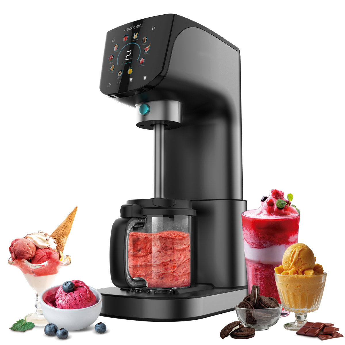 Frullatore nero con vari dessert intorno, tra cui gelato, sorbetto e frutta. Sfondo bianco.