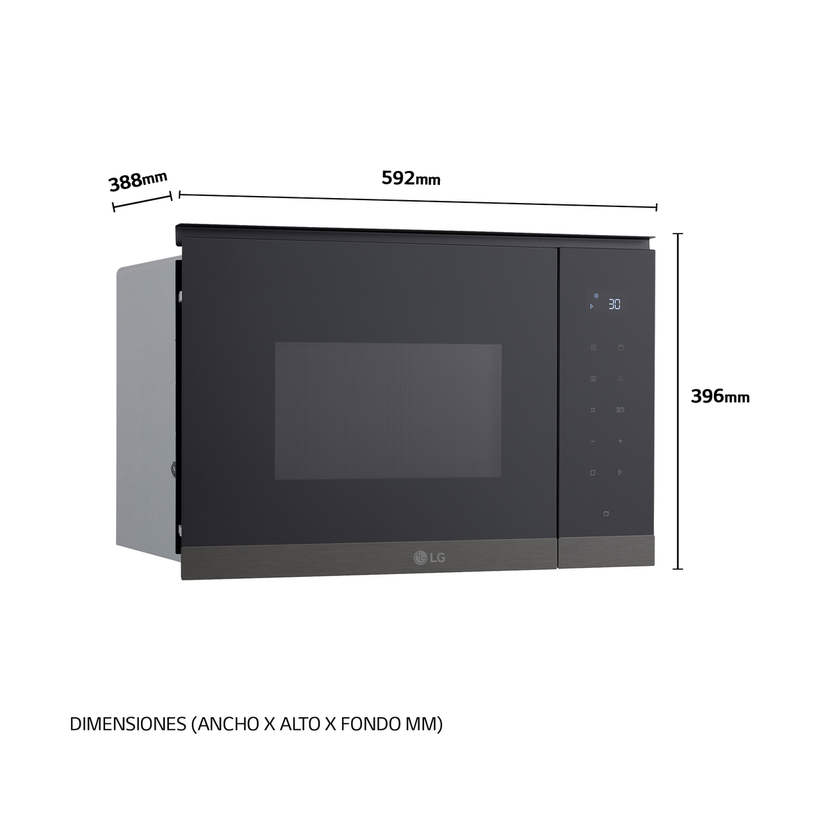 Czarna kuchenka mikrofalowa LG z wymiarami. Kuchenka jest na białym tle.
