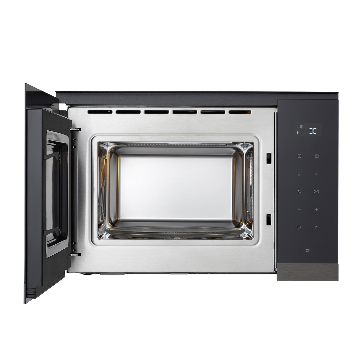 Otwarta czarna kuchenka mikrofalowa LG. Wnętrze widoczne ze szklanym talerzem, stojakiem i światłami. 30.