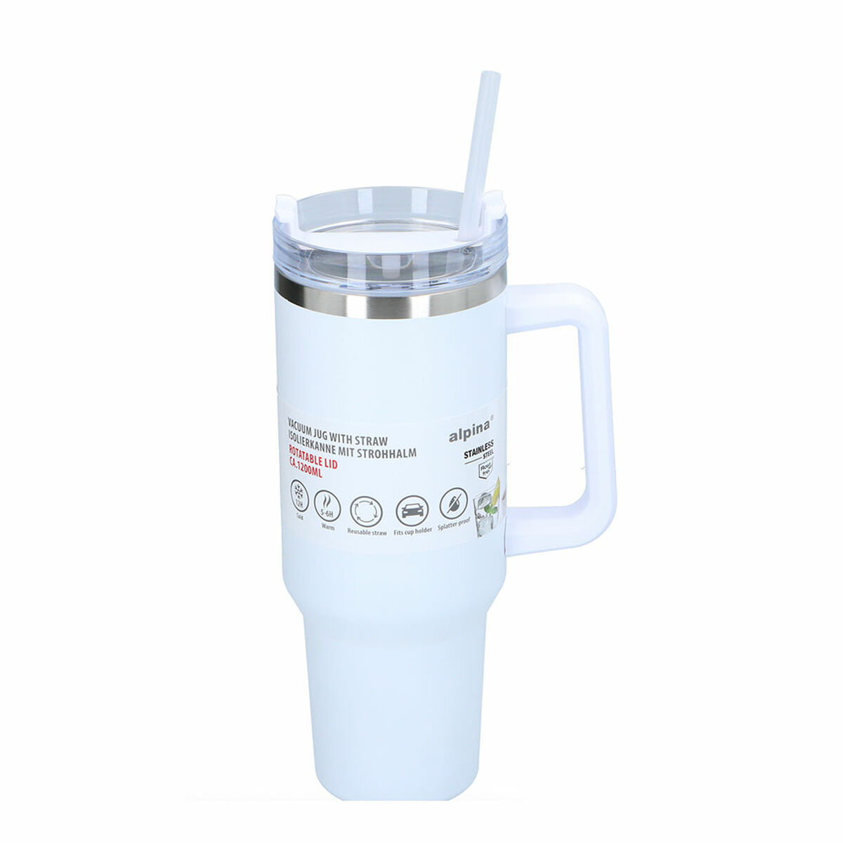 Ein weißer Becher mit Griff und Strohhalm. Hat einen Deckel und das Etikett 'VACUUM JUG WITH STRAW'. Das Alpina-Logo ist sichtbar.