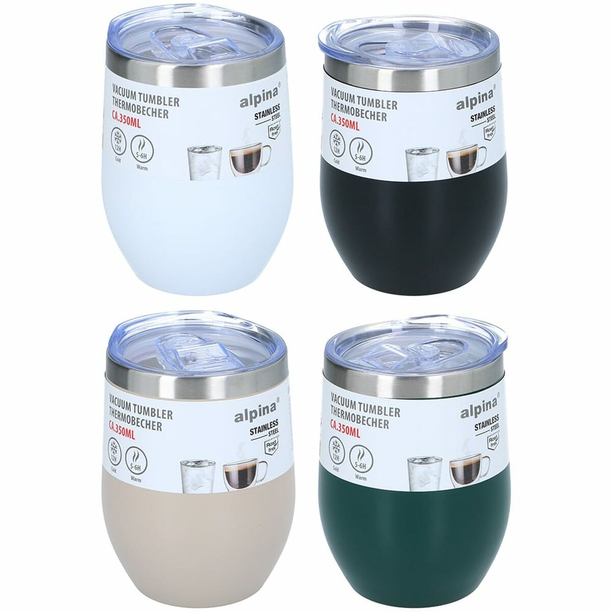 Vier Vakuum-Tumbler. Die Becher sind weiß, schwarz, beige und grün, mit Deckel und dem Alpina-Logo.