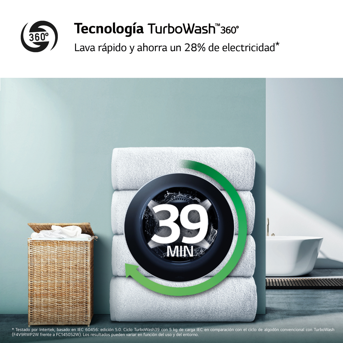 Białe ręczniki ułożone z pralką. Timer pokazuje 39 minut, z zieloną strzałką.