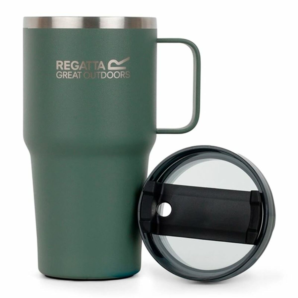 Grüner Becher mit Henkel und Deckel. Text: Regatta Great Outdoors.