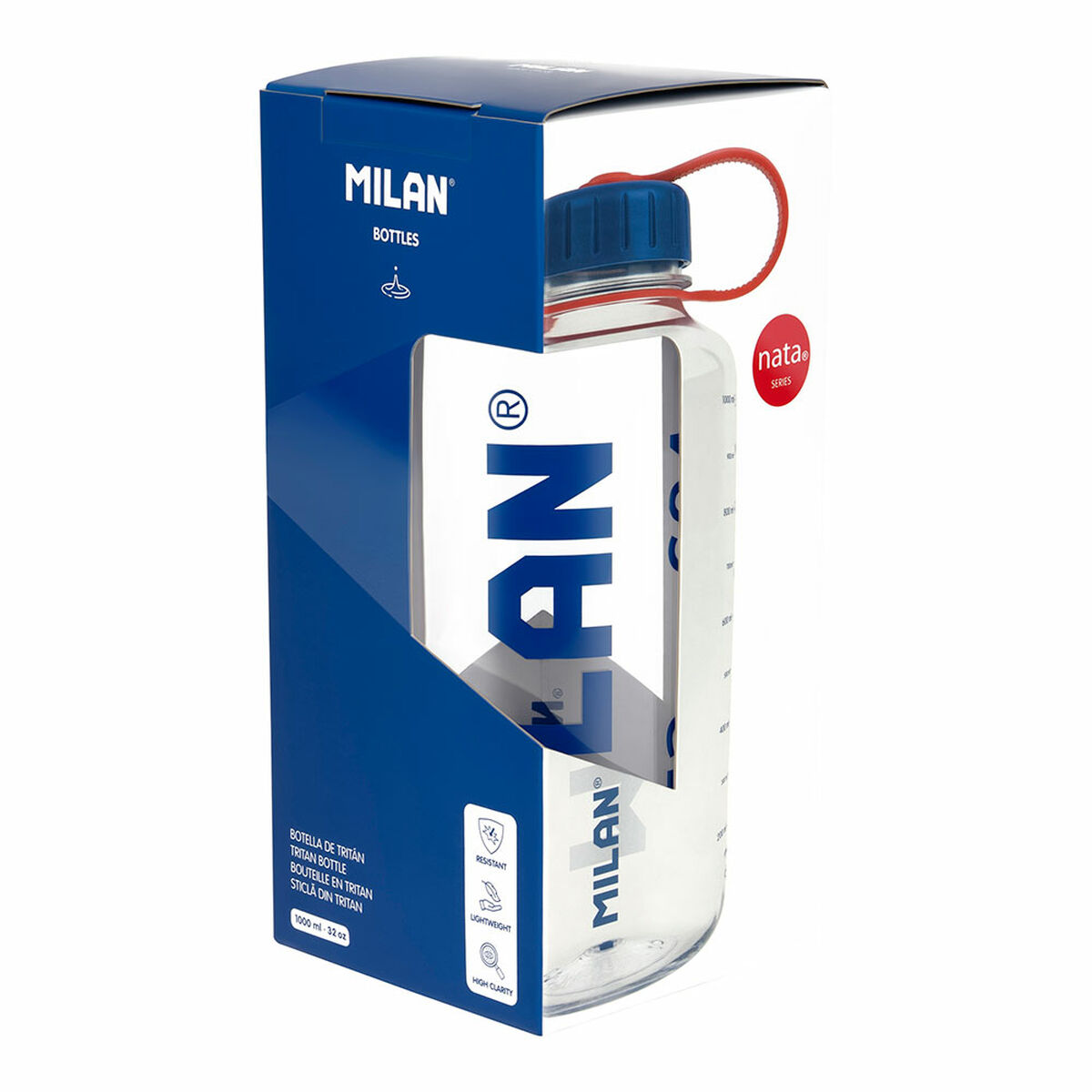 Transparente Wasserflasche in einer blau-weißen Box. Blauer Deckel, rote Schlaufe. Text: MILAN Bottles.