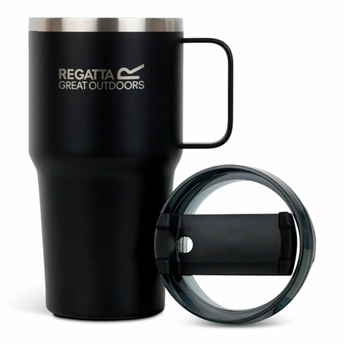 Schwarzer Becher mit Henkel und Deckel. Text: Regatta Great Outdoors.