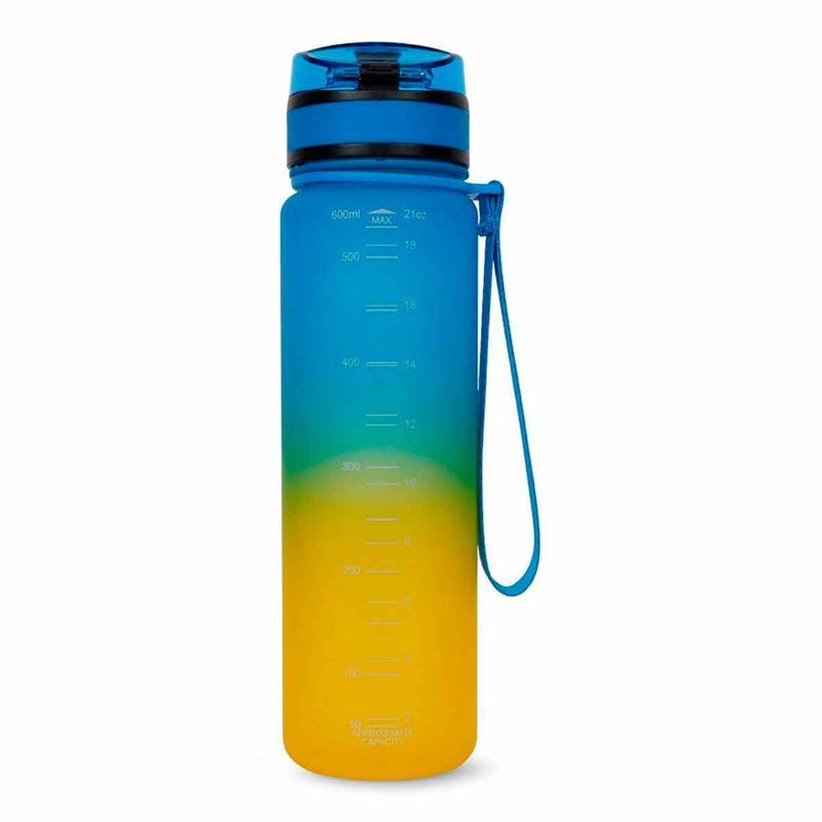 Blau-, grün- und gelbverlaufende Wasserflasche mit blauem Deckel und Riemen. Weiße Messmarkierungen.