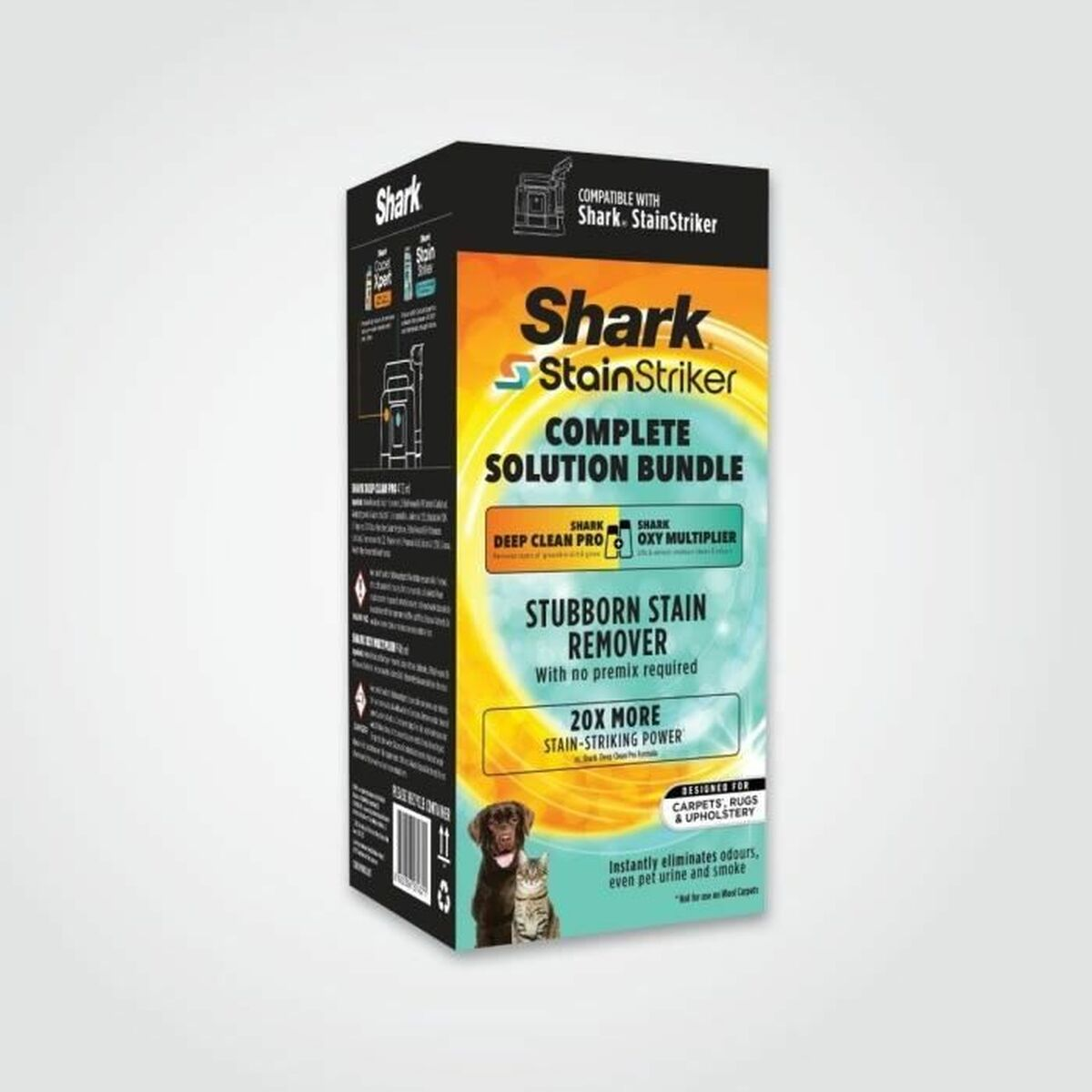 Box mit Text: Shark StainStriker Complete Solution Bundle. Bilder von Hund und Katze. Text: Hartnäckiger Fleckenentferner.