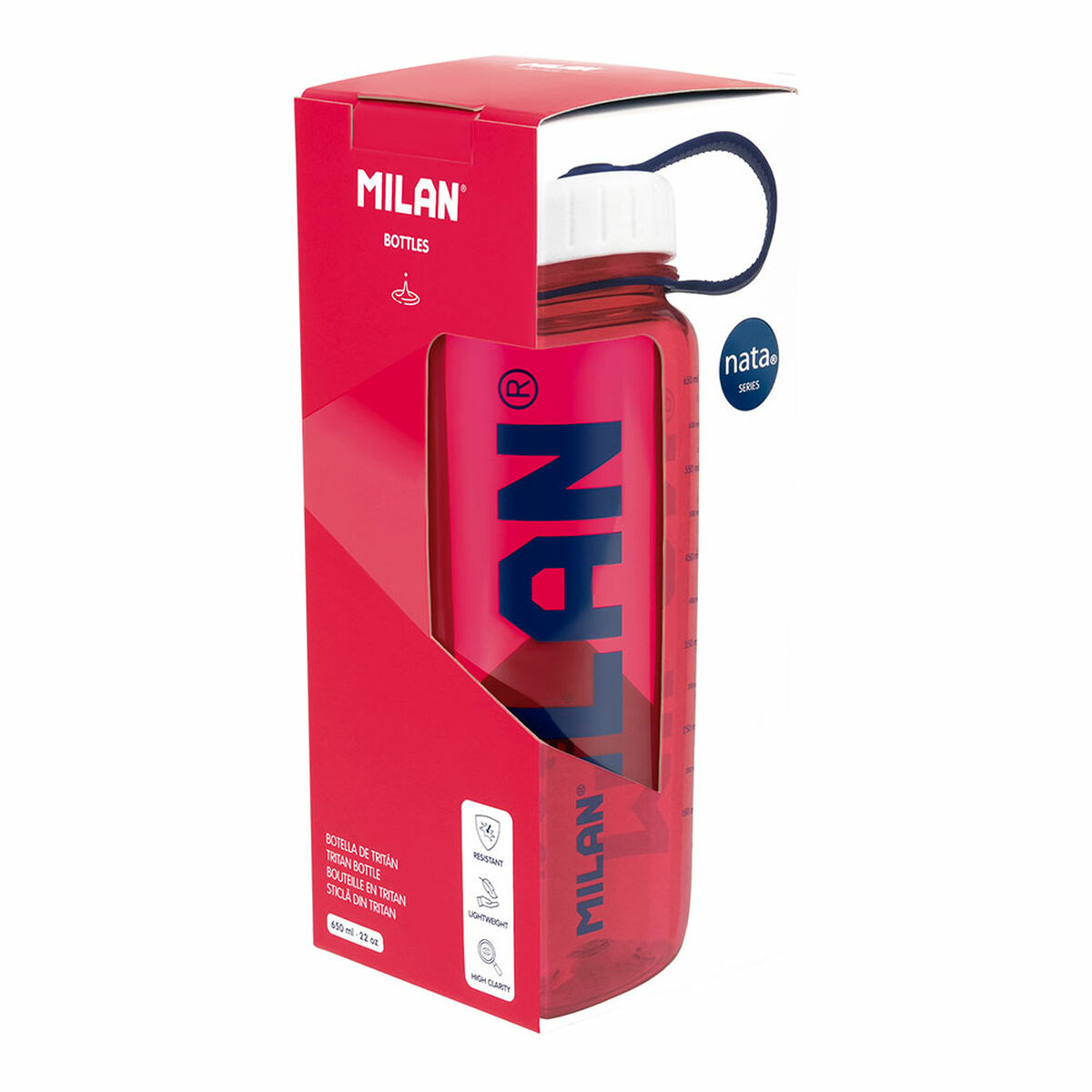 Rote Wasserflasche in Verpackung. Auf der Box steht 'MILAN'. Flasche hat weißen Deckel und blauen Riemen.