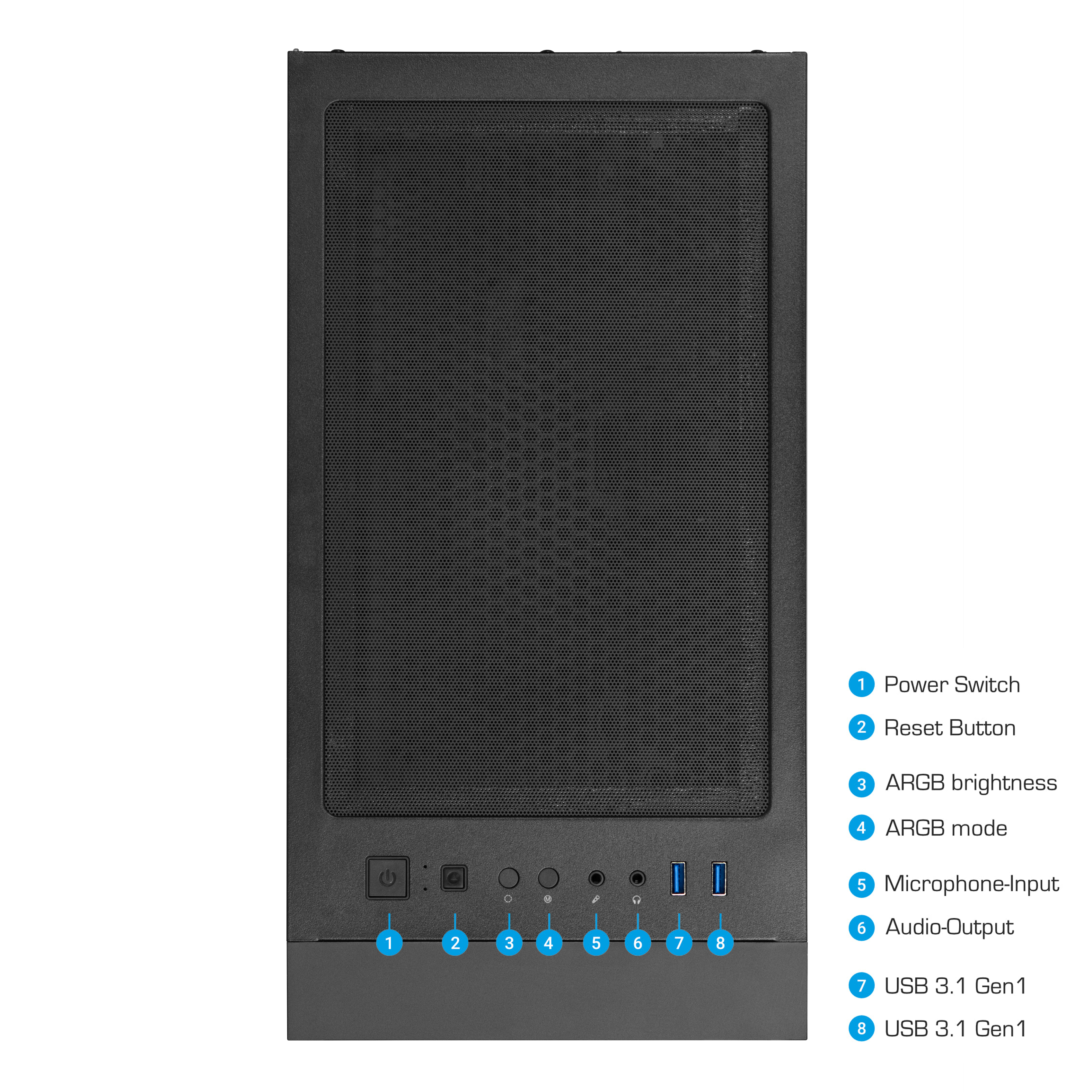 Die Frontplatte eines Computergehäuses mit Ein-/Ausschalter, Reset-Taste, USB-Anschlüssen und anderen Schnittstellenkomponenten.