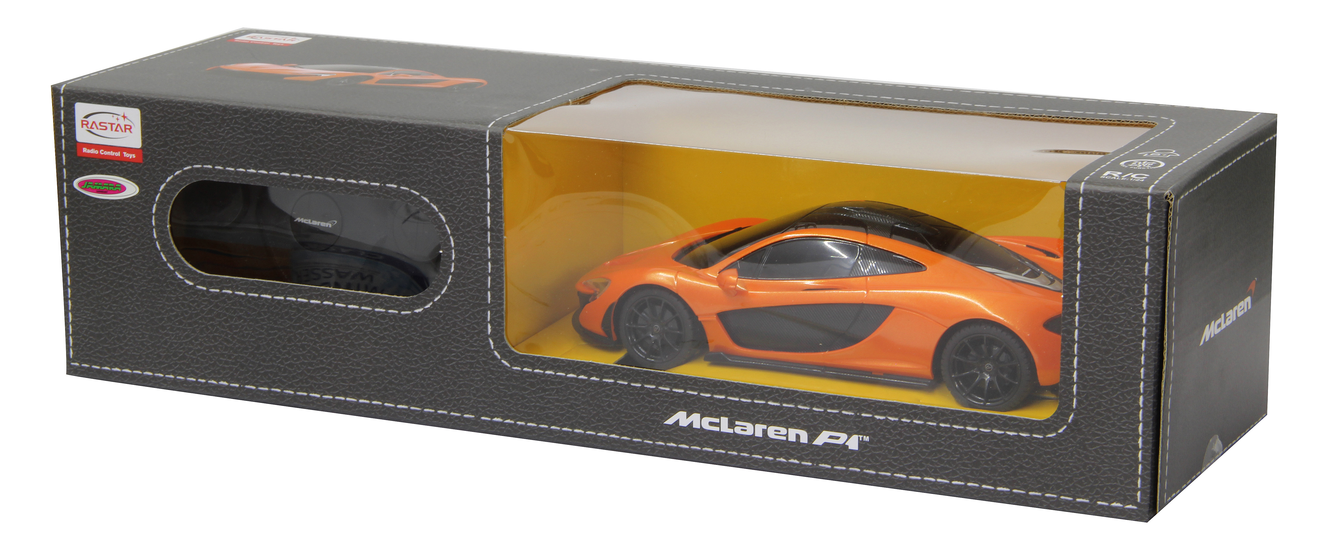 Ein oranger McLaren P1 RC-Wagen in seinem Karton mit Blick auf das Auto. Der Karton hat ein Bild und Text.