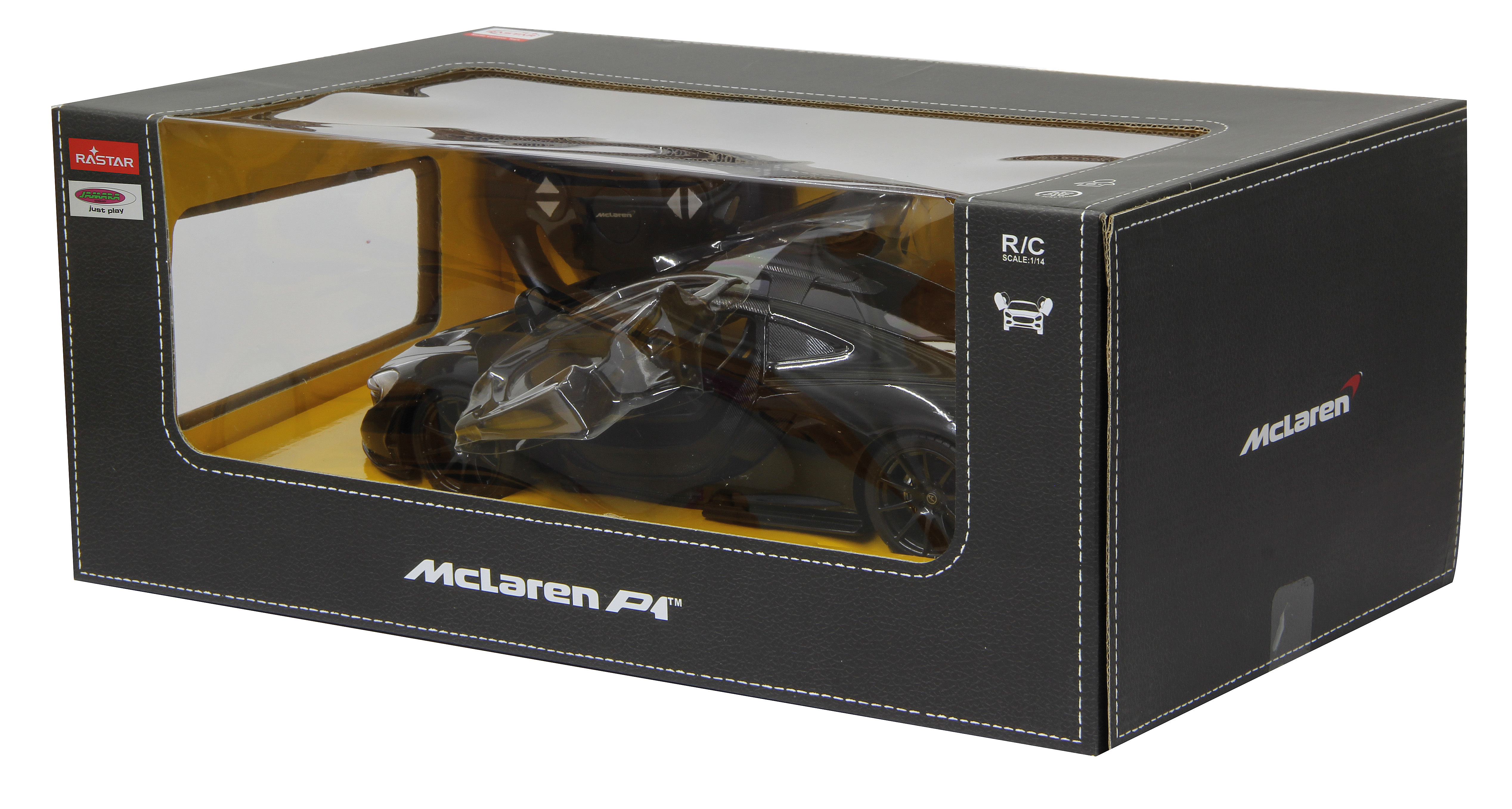 McLaren P1 R/C-Auto im Karton, schwarzes Auto durchsichtig durchsichtiges Kunststofffenster sichtbar.