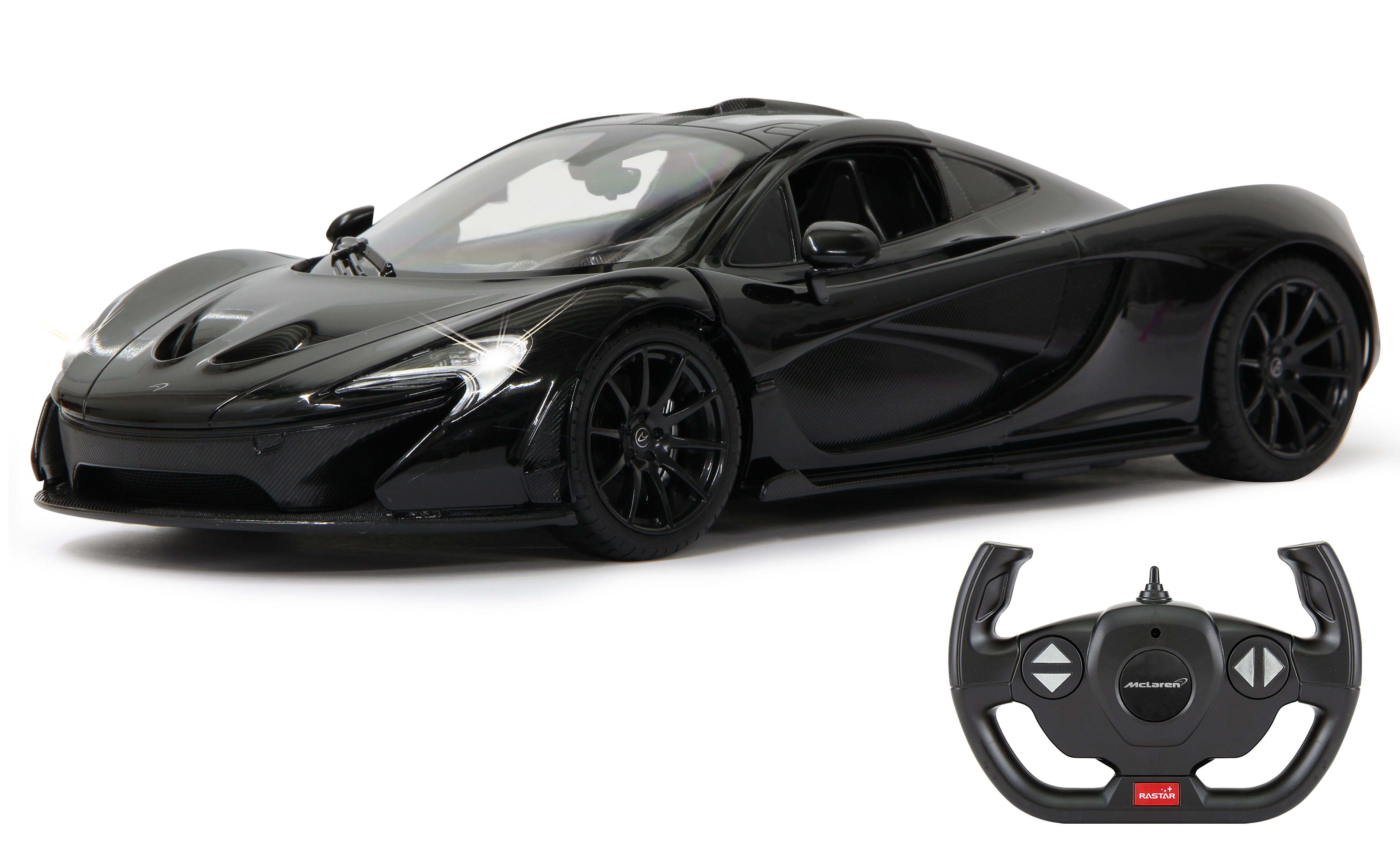 Schwarzer McLaren P1 RC-Wagen mit geöffneten Türen und Fernbedienung. Das Auto steht im Vordergrund.