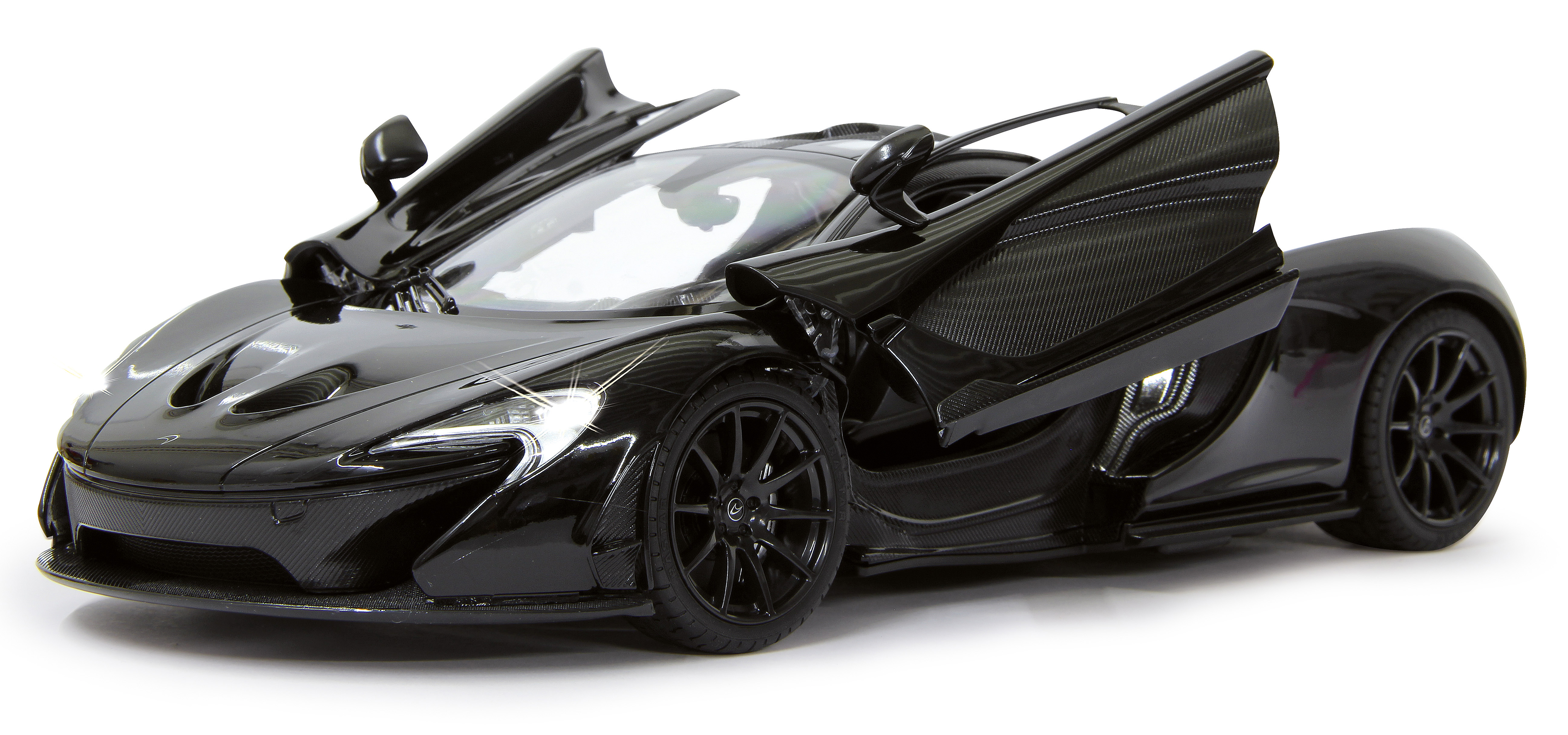 Schwarzer McLaren P1 mit offenen Türen, der sein schlankes Design und seine Aerodynamik zeigt.