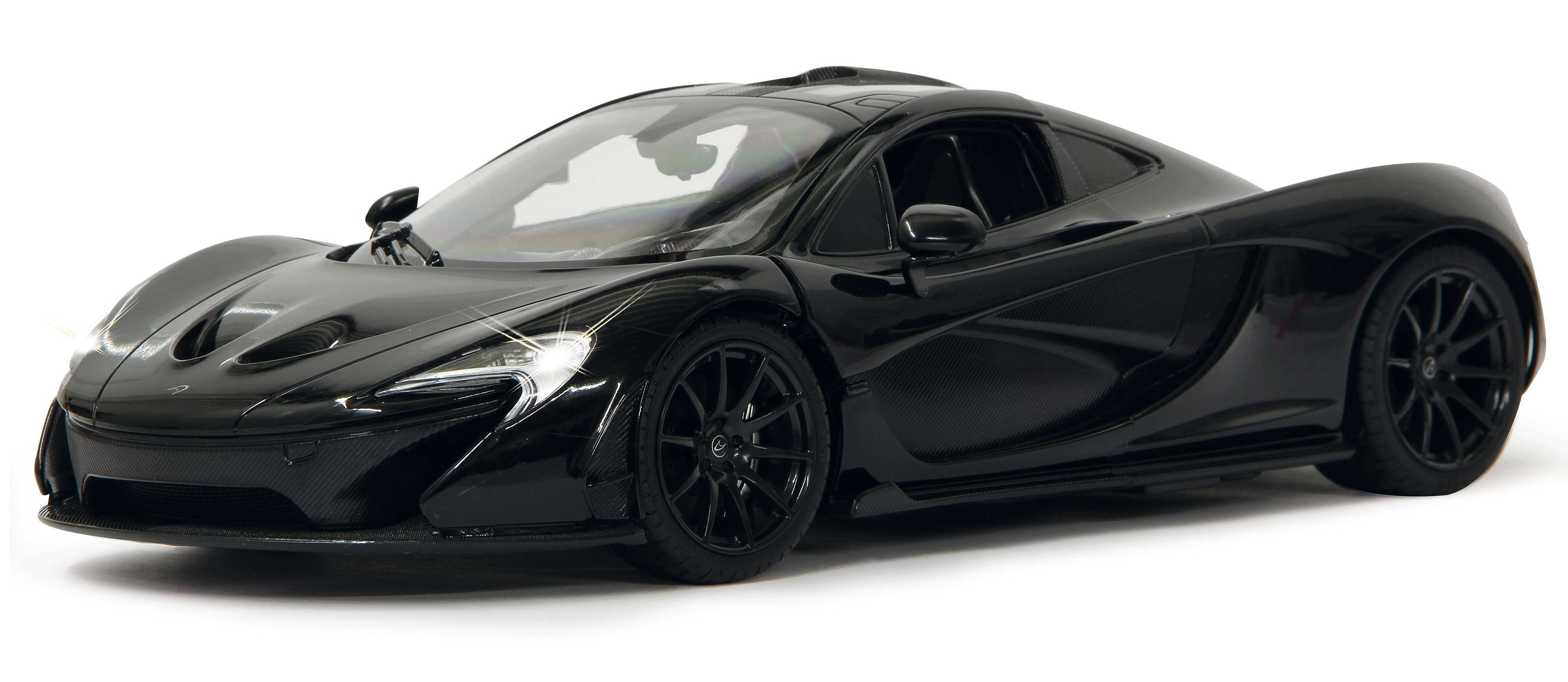 Seitenansicht eines eleganten schwarzen McLaren P1-Autos auf einer weißen Oberfläche.