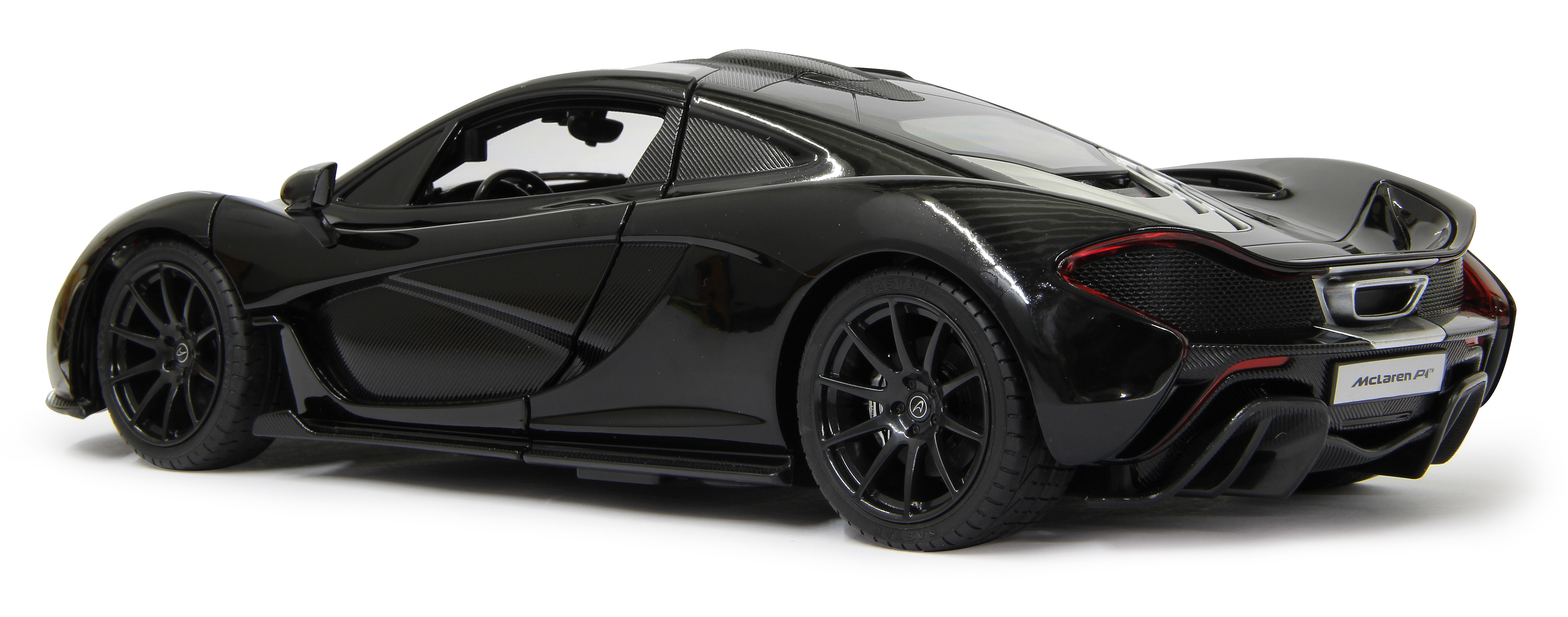 Rückansicht eines schwarzen McLaren P1-Autos auf weißem Hintergrund.
