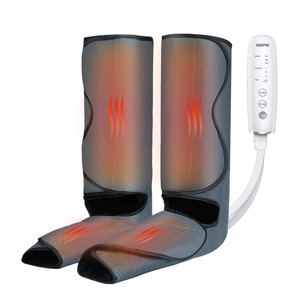 Due massaggiatori per gambe grigi con interni rossi luminosi e un controller bianco con pulsanti su sfondo bianco.