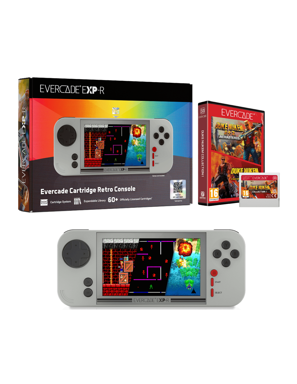 Konsola retro Evercade EXP-R z kasetami do gier i pudełkiem. Konsola ma ekran i kontrolki.