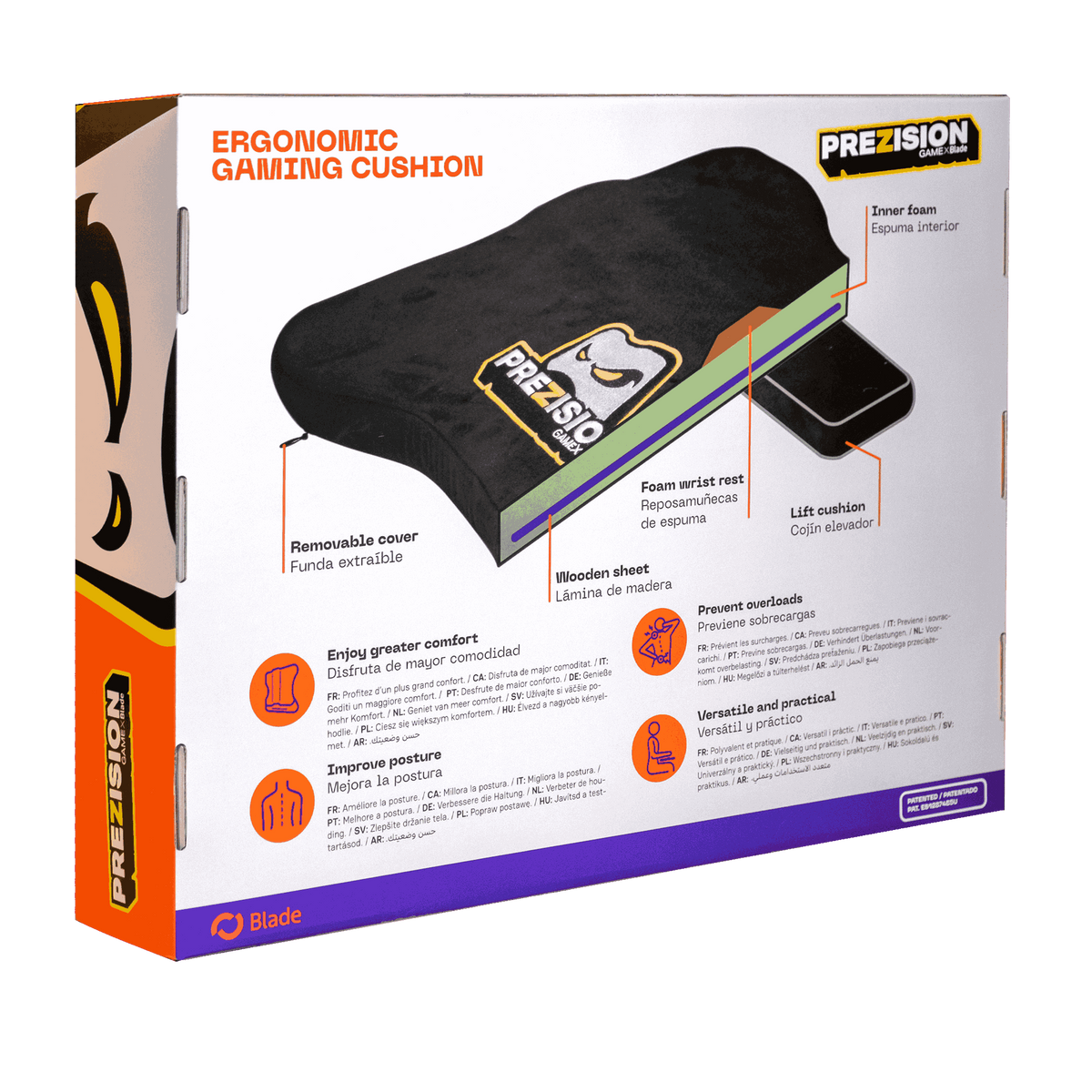 Scatola con cuscino ergonomico per gaming con testo multilingue. Il cuscino è nero e grigio.