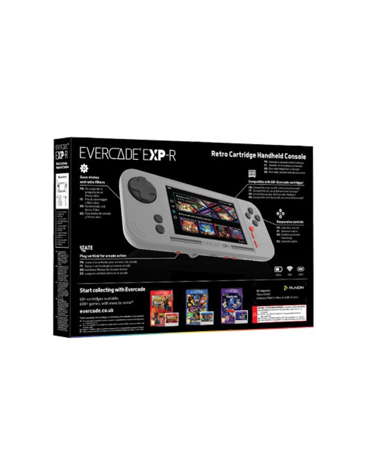 Tył szarego pudełka konsoli przenośnej Evercade EXP-R z informacjami o produkcie i funkcjach.