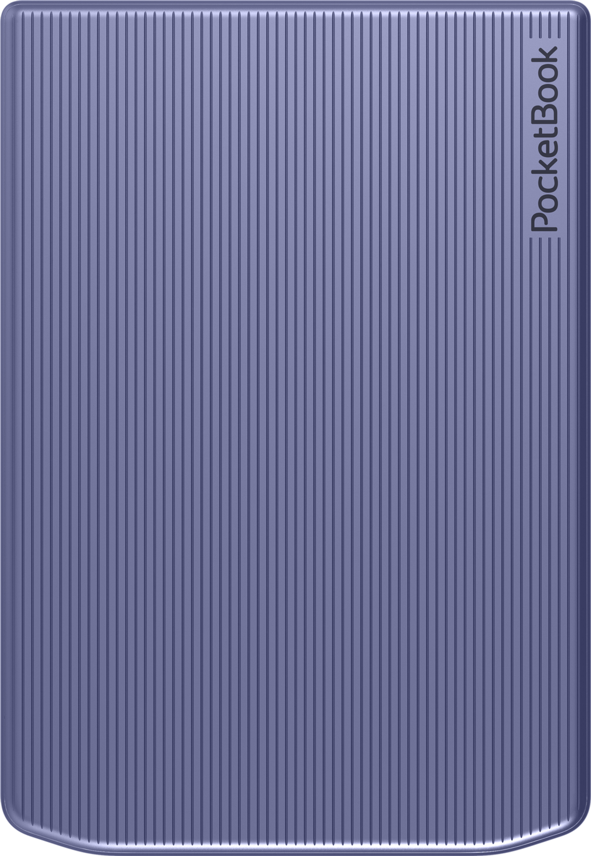 Primer plano de la cubierta azul de un lector PocketBook con líneas verticales y nombre de marca.