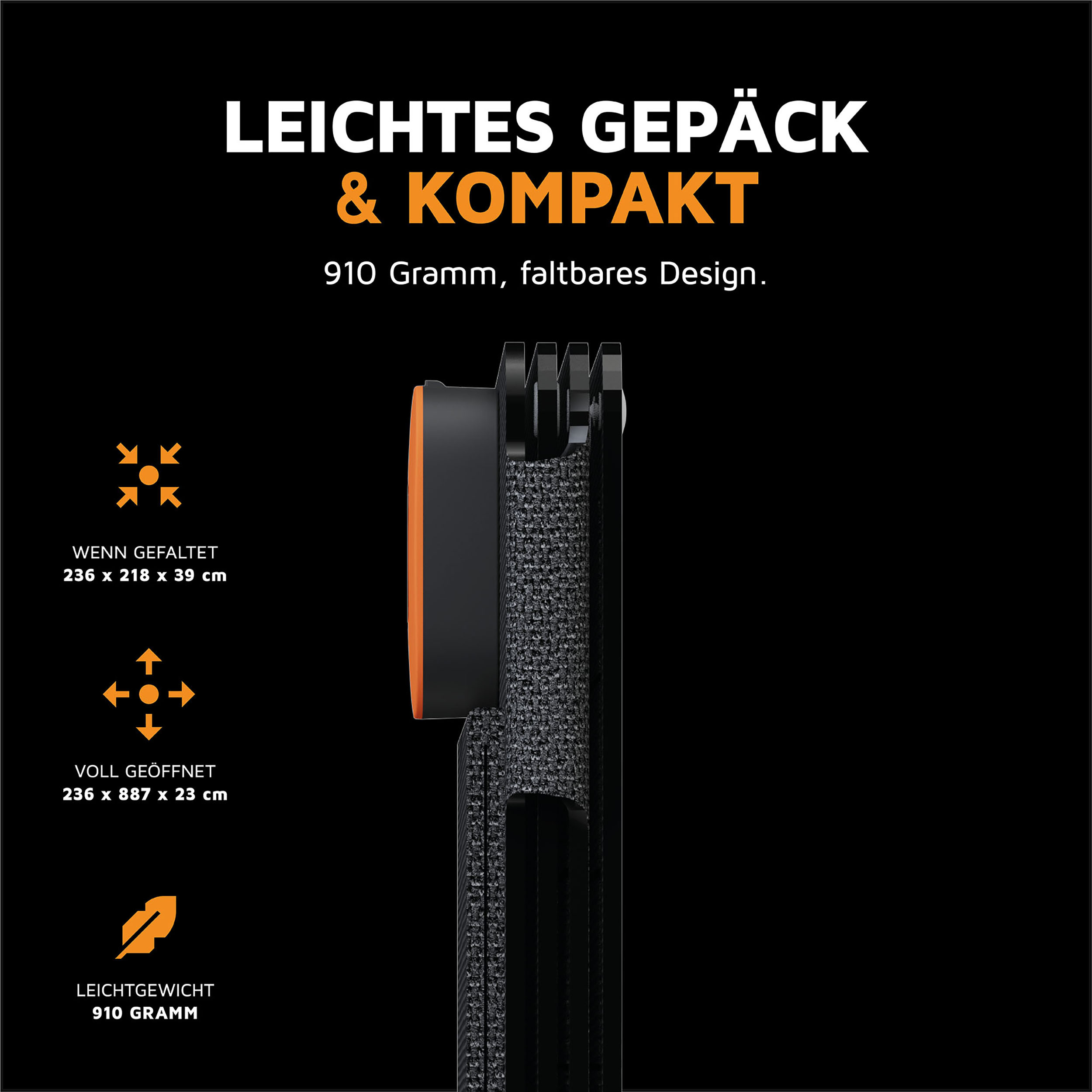 Un pannello solare nero e arancione piegato. Testo: 'Leichtes Gepäck & Kompakt'. Dimensioni e peso.