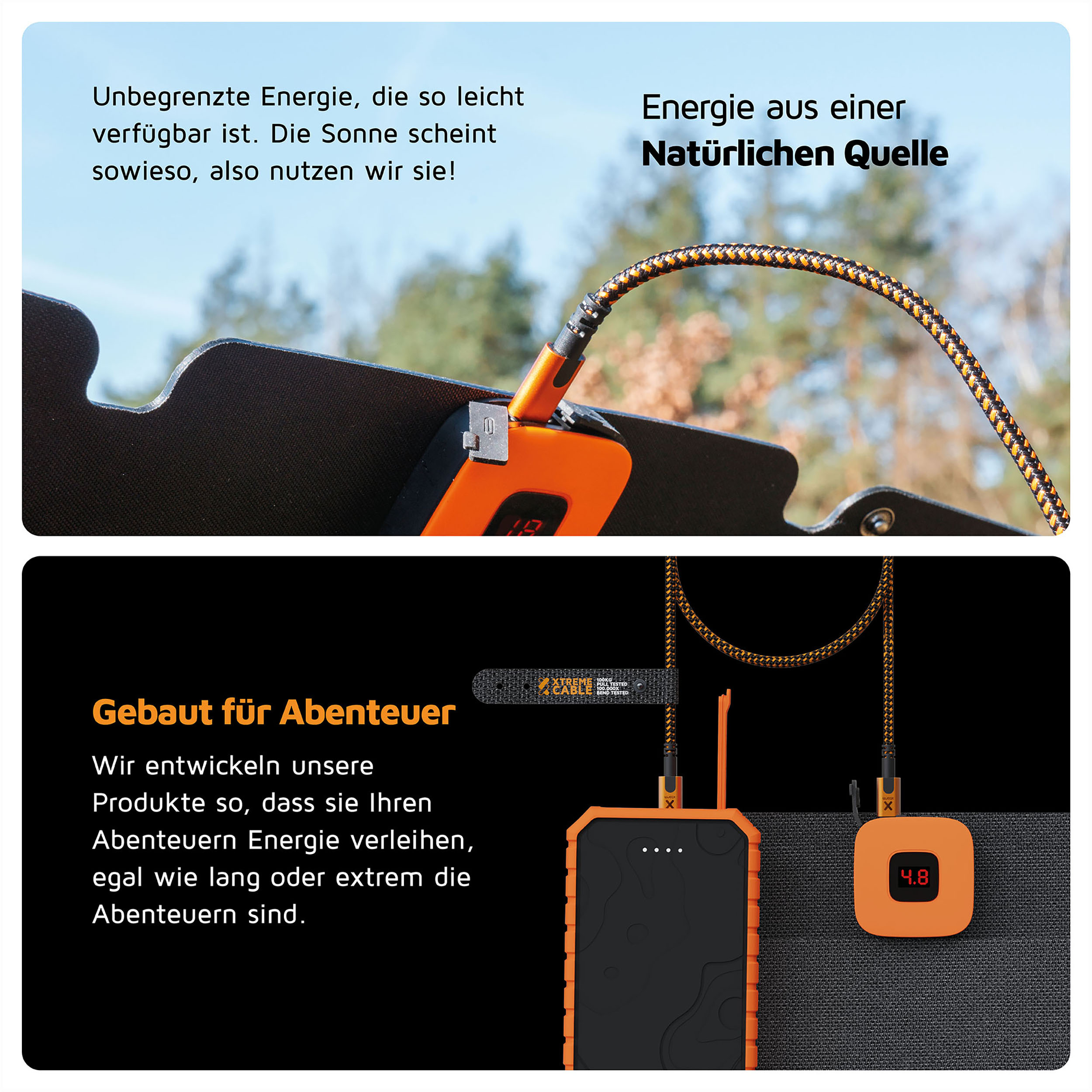 Due immagini: pannello solare e power bank. Testo: 'Energie aus einer Natürlichen Quelle'.