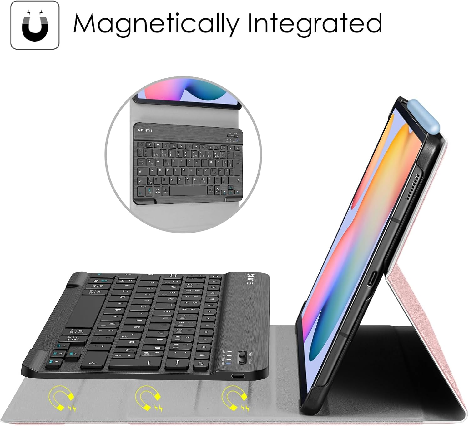 Ein Tablet mit Tastaturhülle. Das Tablet ist magnetisch an der Tastaturhülle befestigt.