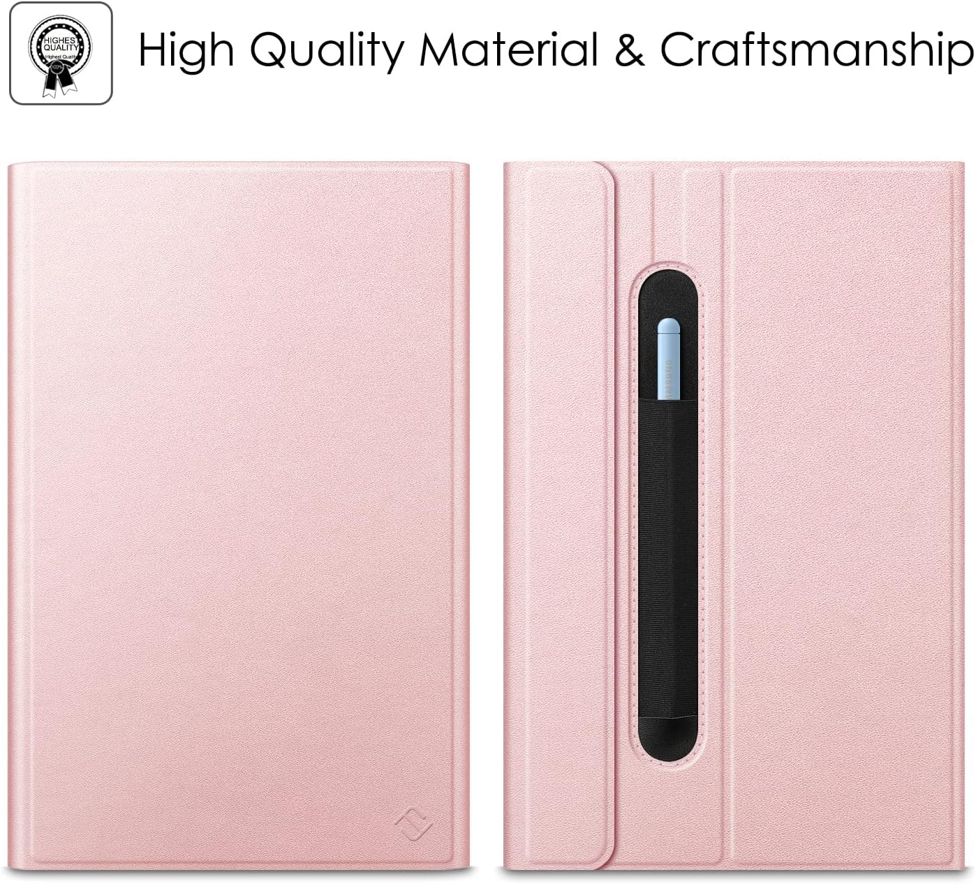 Eine rosa Tablet-Hülle, beidseitig geöffnet, mit einem Schlitz für einen Stift. Hochwertiges Material.
