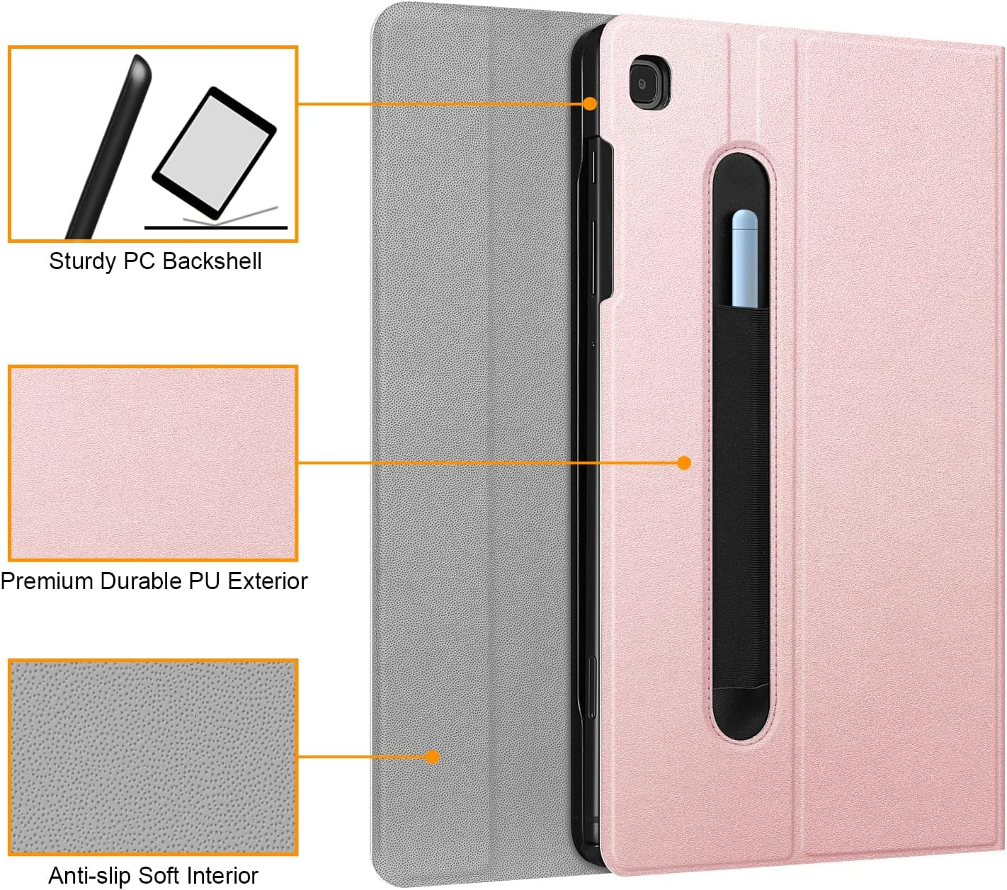 Eine rosa Tablet-Hülle mit Stifthalter. Merkmale sind eine robuste Rückschale und ein weiches Interieur mit Texturen.