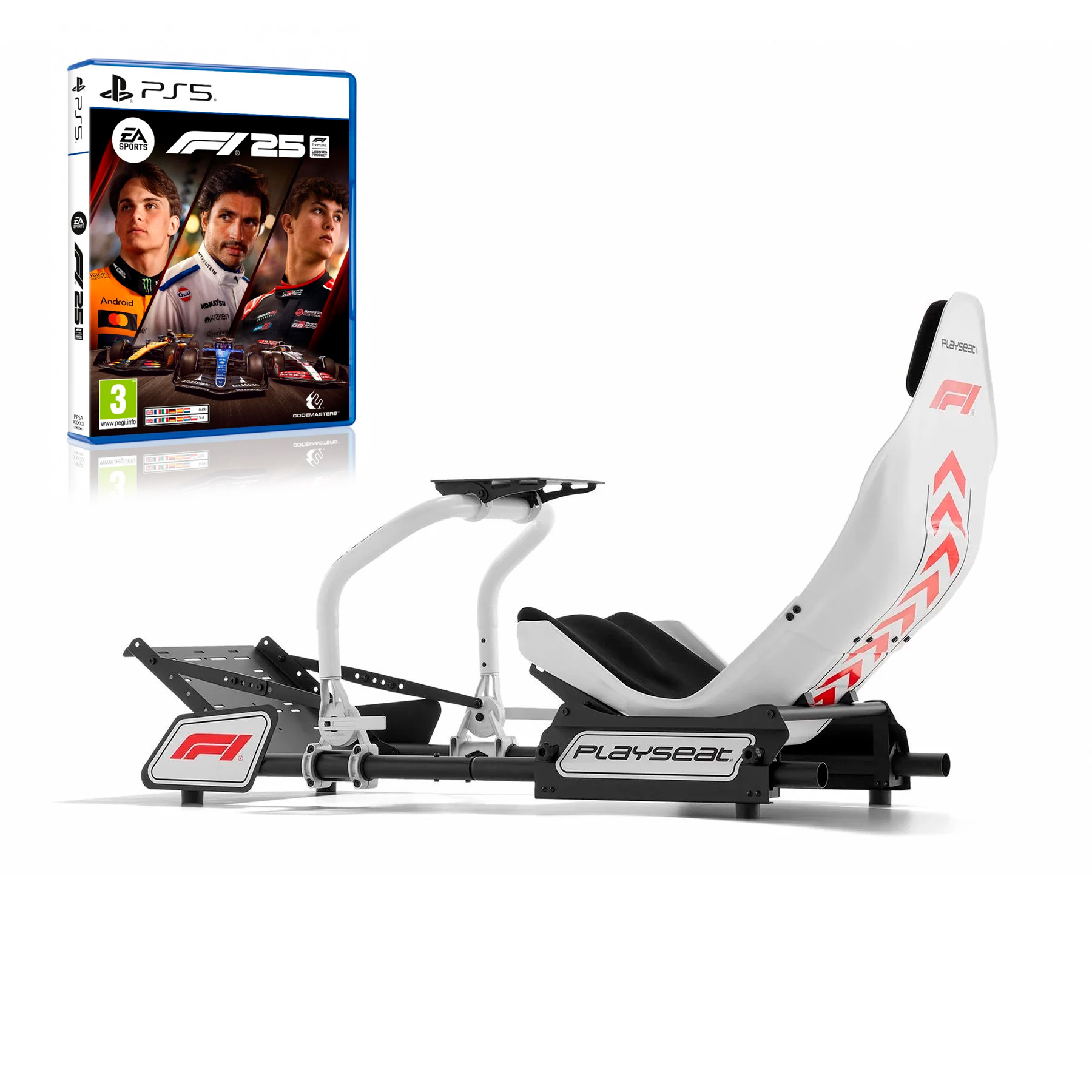 Un simulatore di corse e una custodia di gioco PS5 su sfondo bianco.