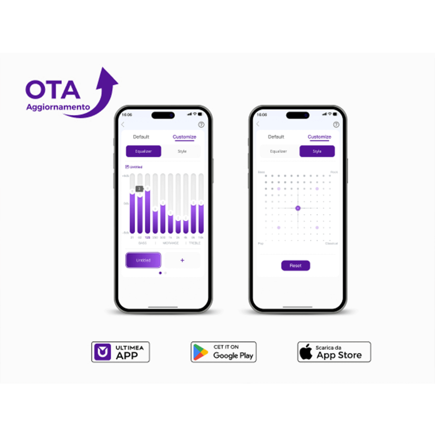 Due telefoni mostrano l'interfaccia dell'app con equalizzatore.