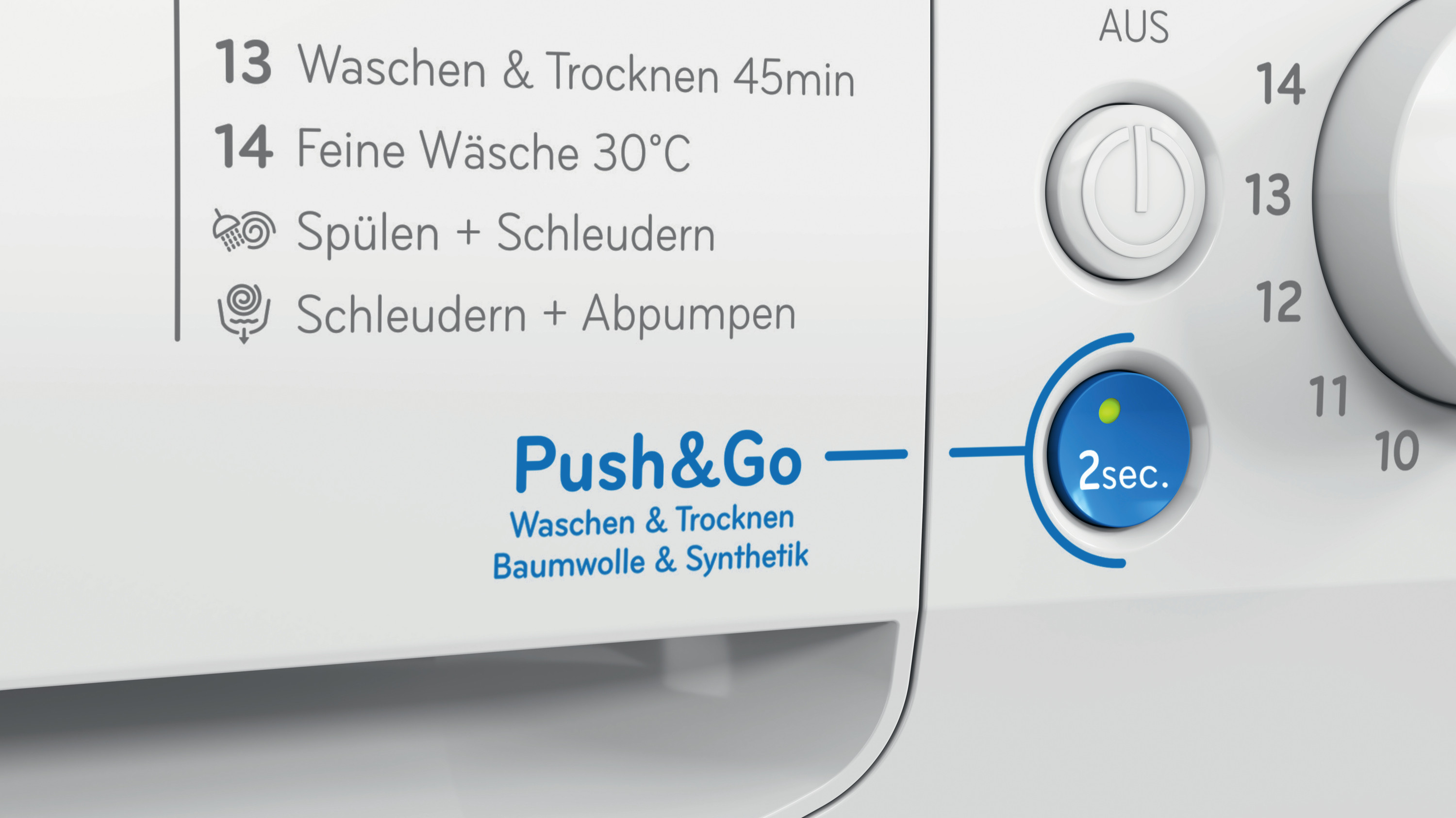 Nahaufnahme des Bedienfelds einer Waschmaschine. Es zeigt Waschprogramme und einen Drehknopf für Einstellungen.