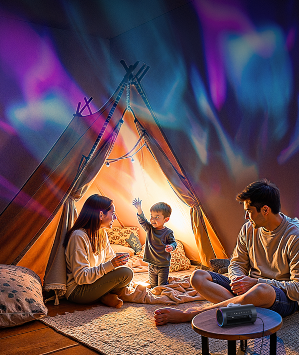 Eine Familie in einem Zelt mit farbigem Licht. Ein Kind steht. Ein Tisch mit Projektor steht auf dem Boden.