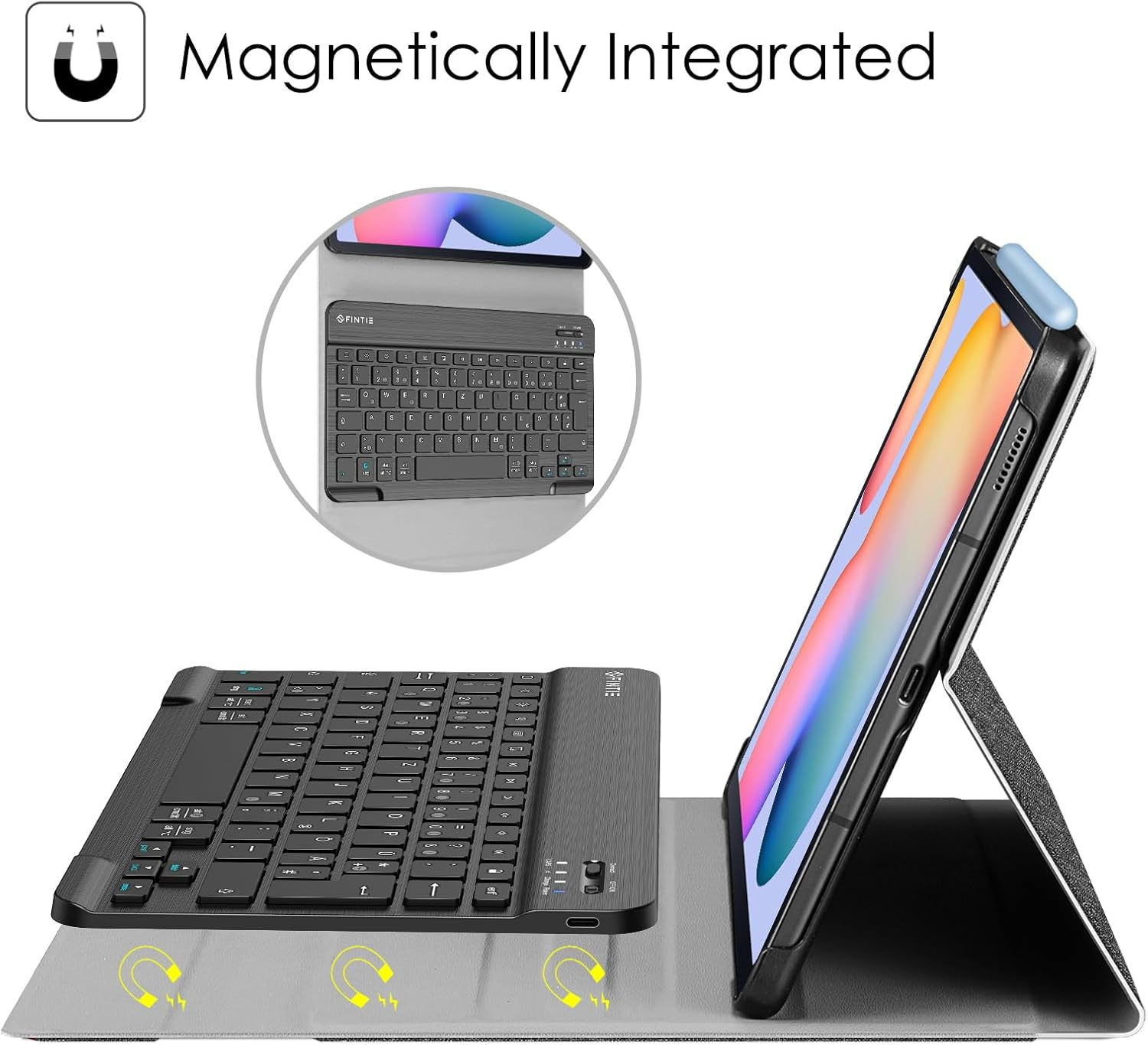 Ein Tablet mit Tastaturhülle. Tastatur und Tablet sind grau. Ein runder Ausschnitt zeigt Tablet und Tastatur.
