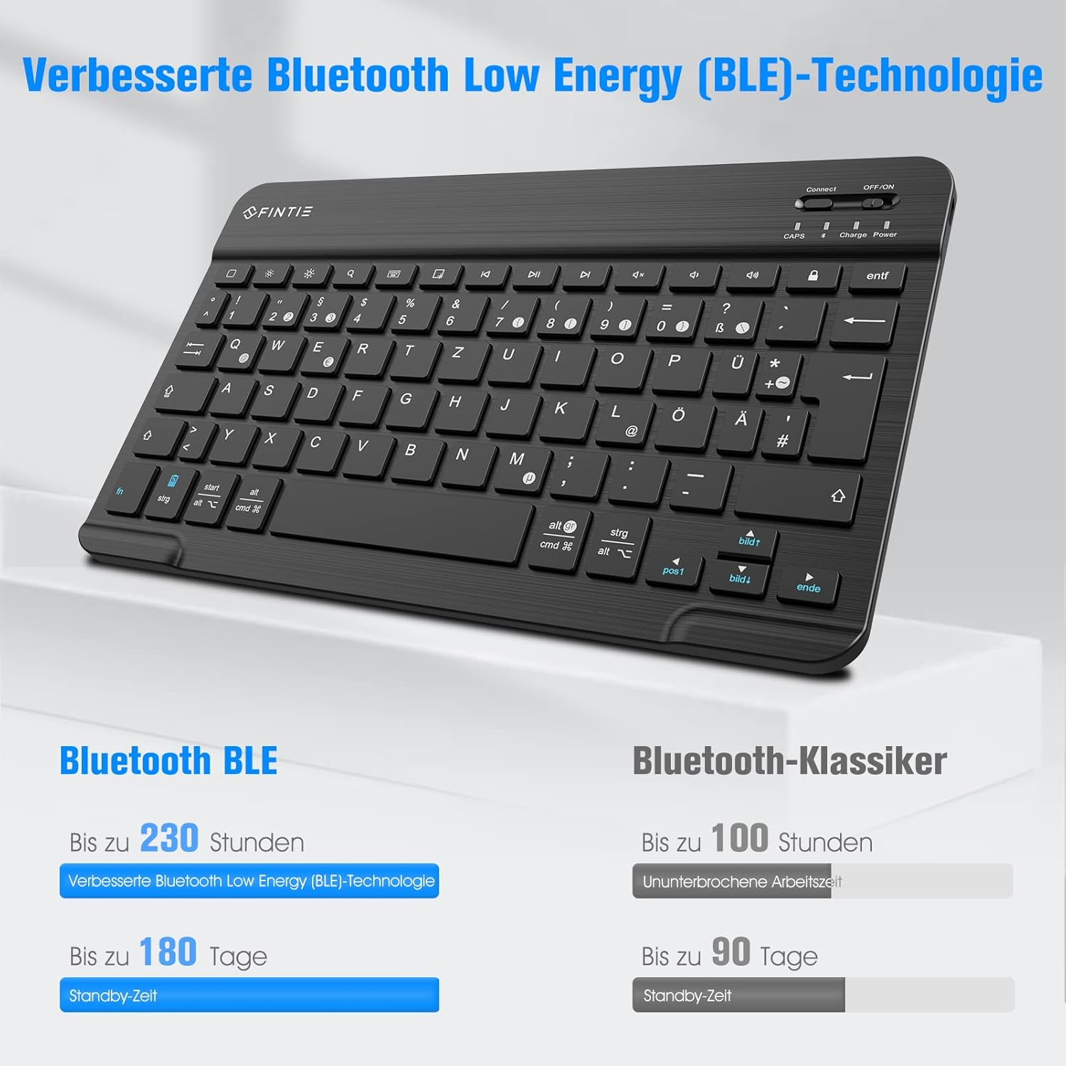 Eine schwarze Tastatur mit weißem Hintergrund. Text auf Deutsch beschreibt die Bluetooth-Funktionalität.