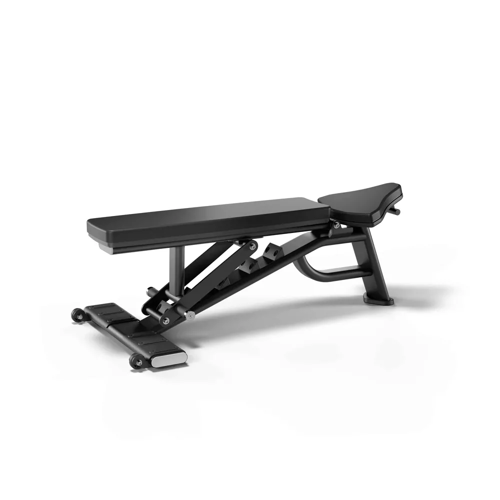 A black adjustable workout bench, isolated on a white background.