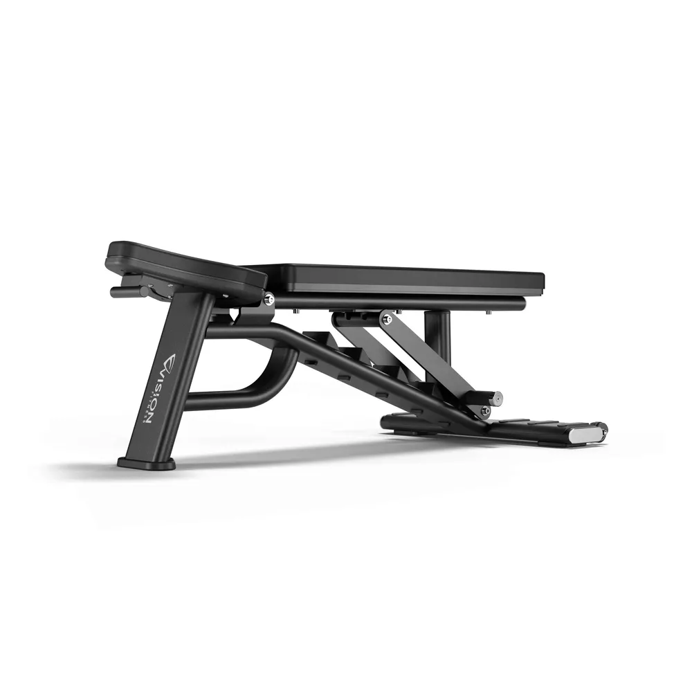 Black adjustable weight bench. It has a padded seat and backrest. The frame is black.