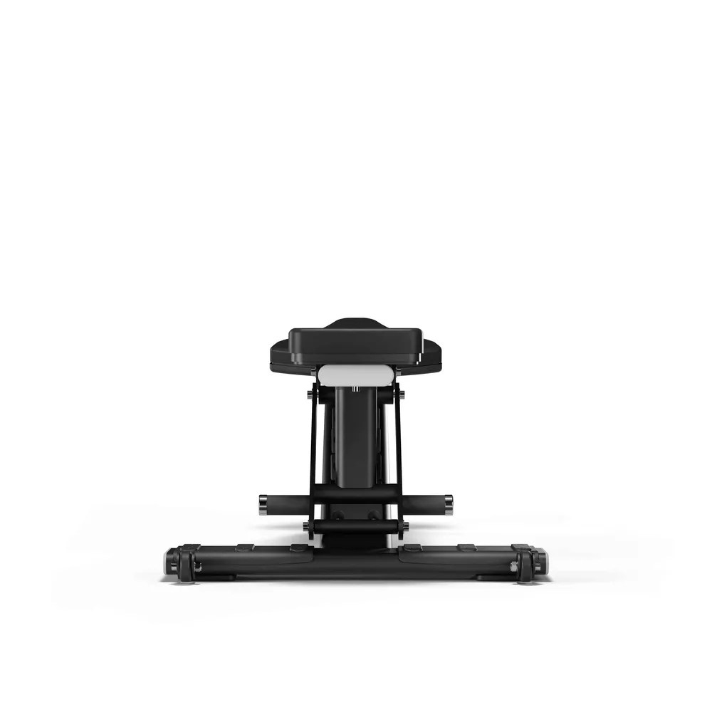 A close-up of a black adjustable workout bench, isolated on a white background.