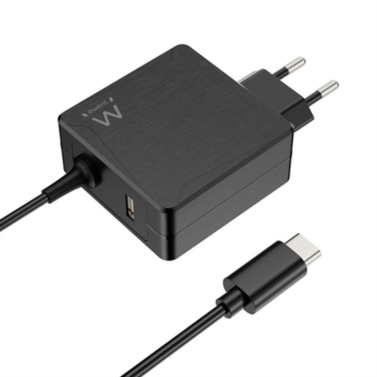 Caricabatterie nero con cavo e connettore USB-C.