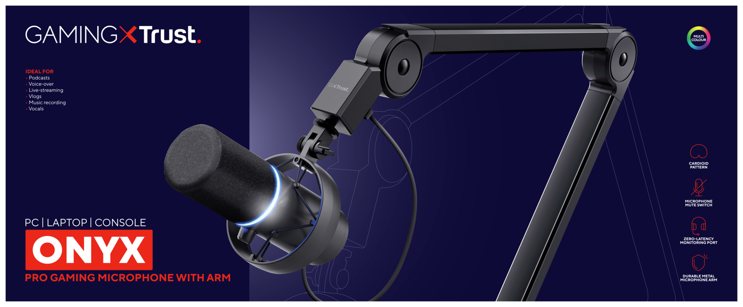 Mikrofon do gier z ramieniem i informacjami po lewej stronie.