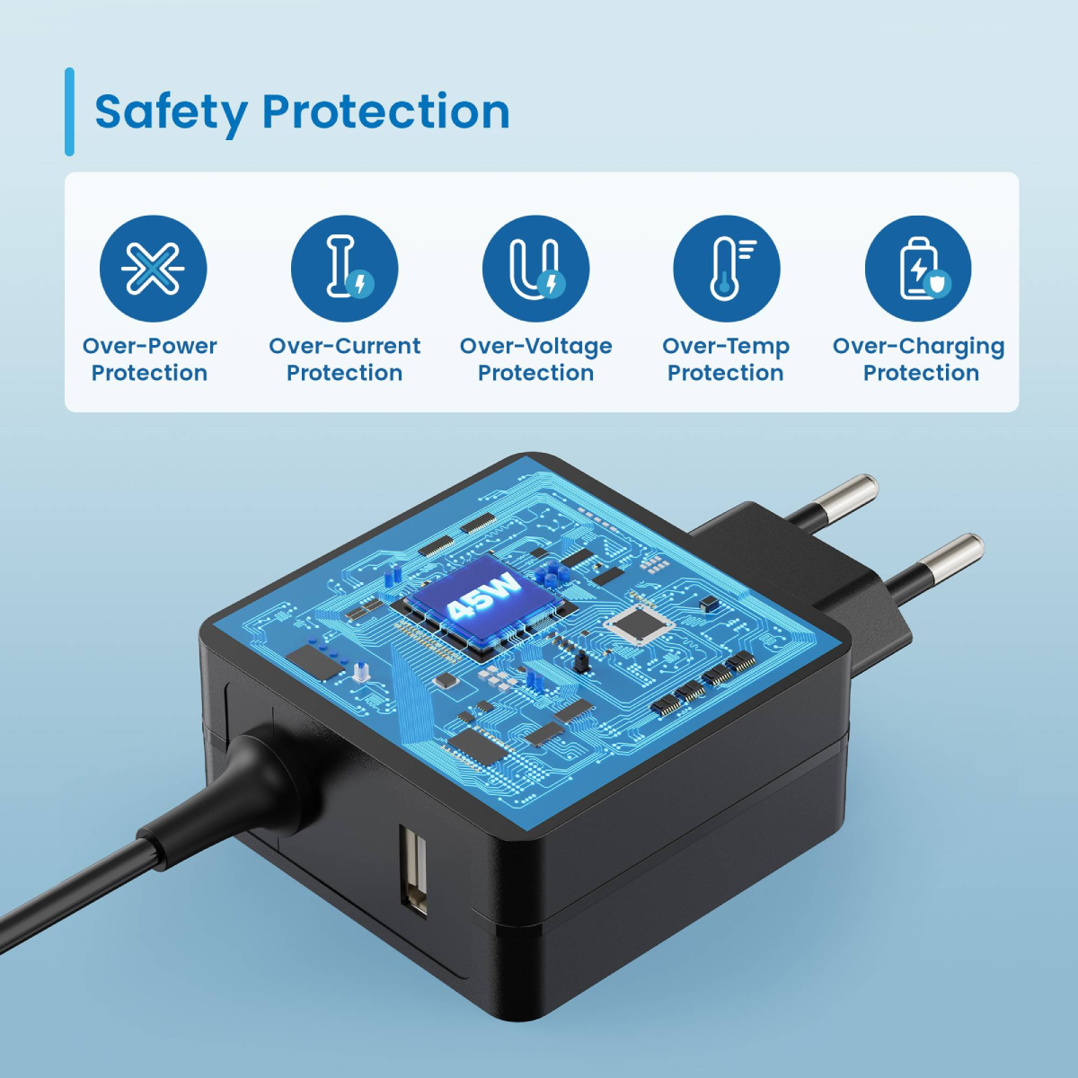 Caricabatterie nero con icone di protezione di sicurezza su sfondo blu.