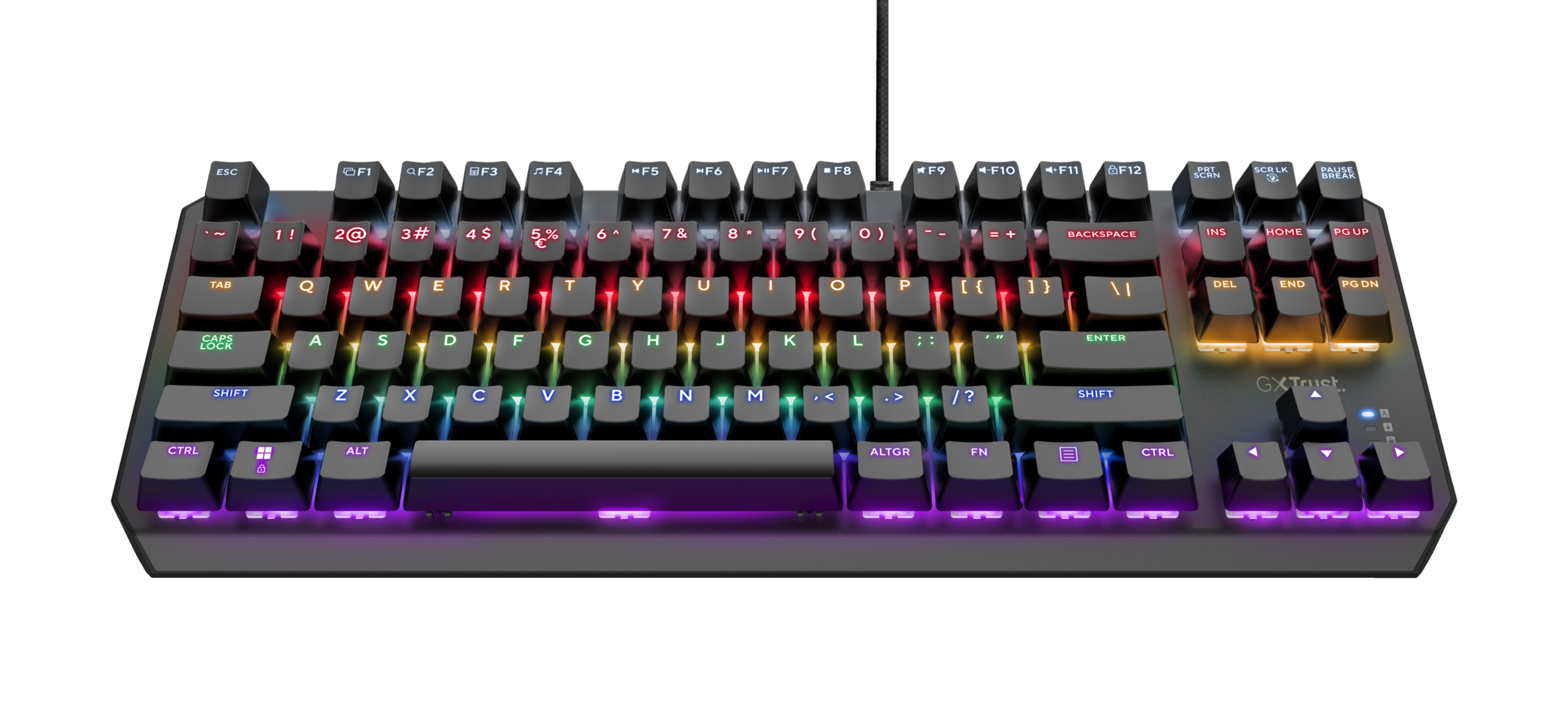 Tastiera gaming nera con illuminazione RGB. I tasti sono color arcobaleno. Il layout è standard.