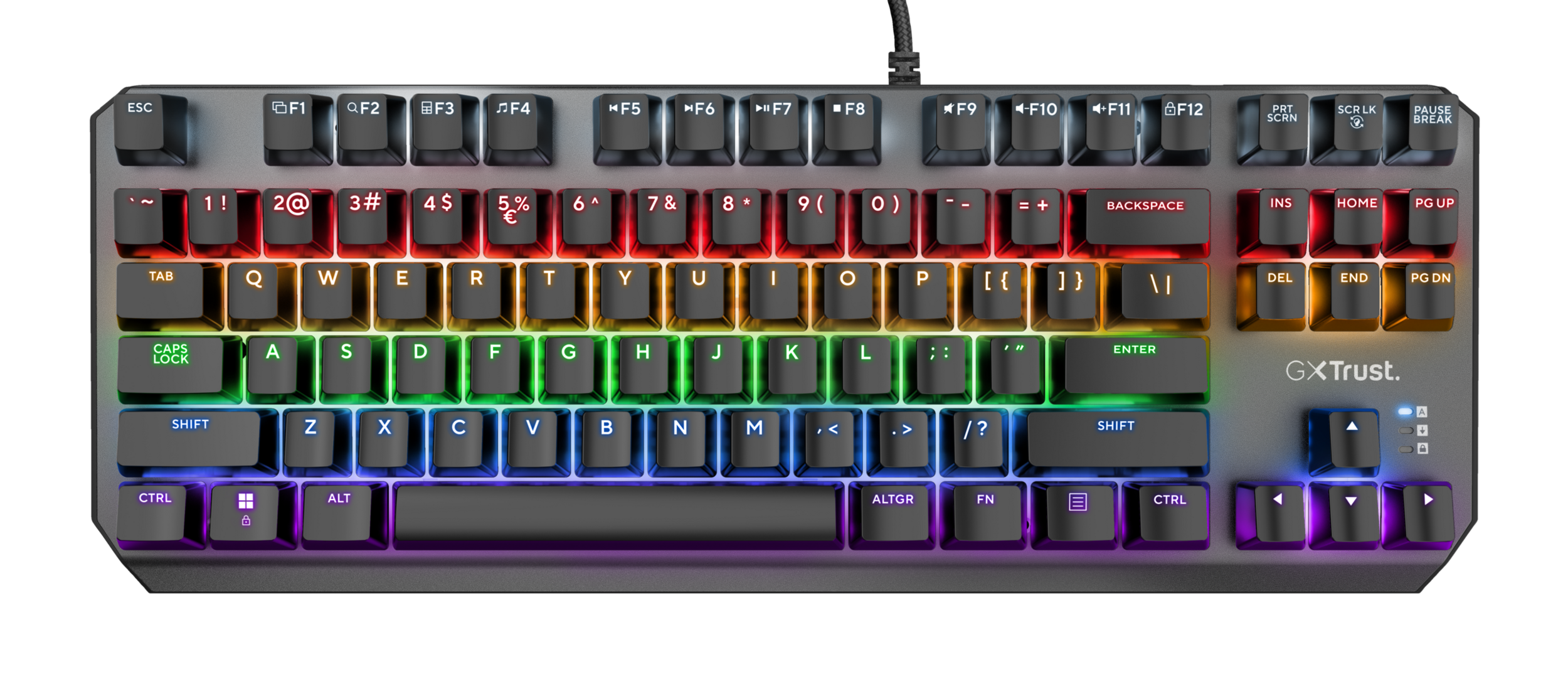 Una tastiera con tasti color arcobaleno su sfondo nero. La tastiera è illuminata e ha un layout standard.