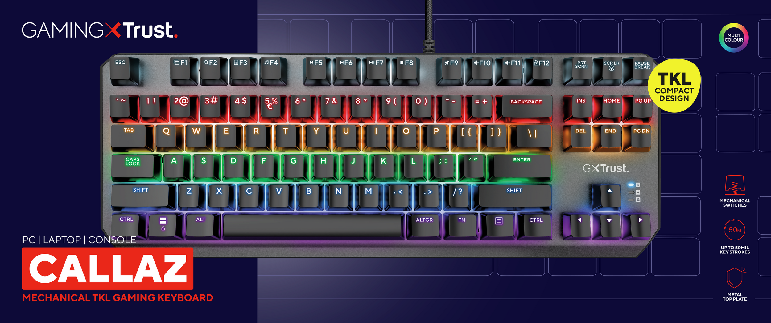 Tastiera gaming con illuminazione RGB, tasti colorati. Il nome del prodotto è 'CALLAZ'. Design compatto.