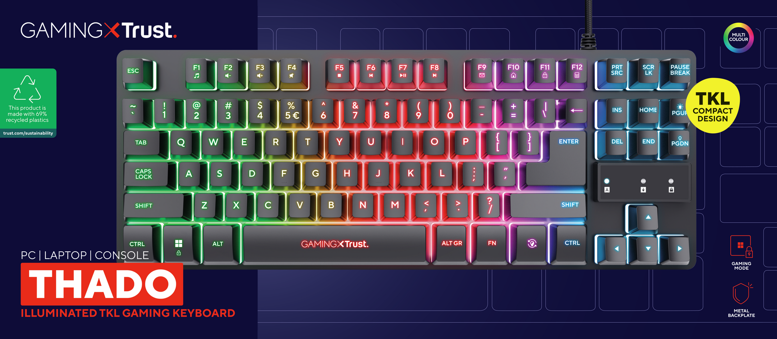 Podświetlana klawiatura gamingowa z kolorowymi klawiszami. Nazwa produktu to 'THADO', ma kompaktową konstrukcję.