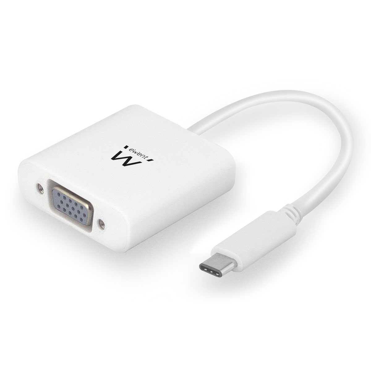 Adattatore bianco con porta VGA e cavo USB-C, isolato su bianco.