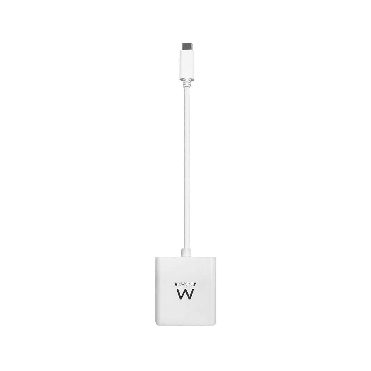 Adattatore bianco con cavo USB-C, su sfondo bianco, dall'alto.