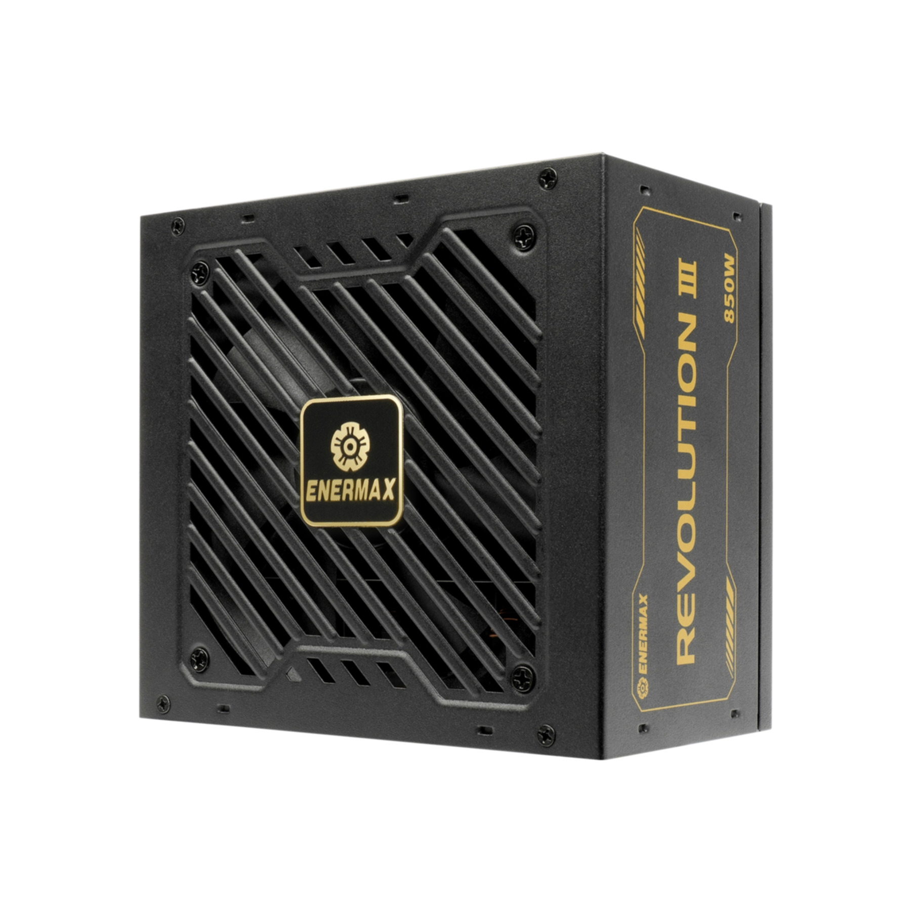 Alimentatore nero Enermax Revolution III 850W. Scritta oro, sfondo nero.