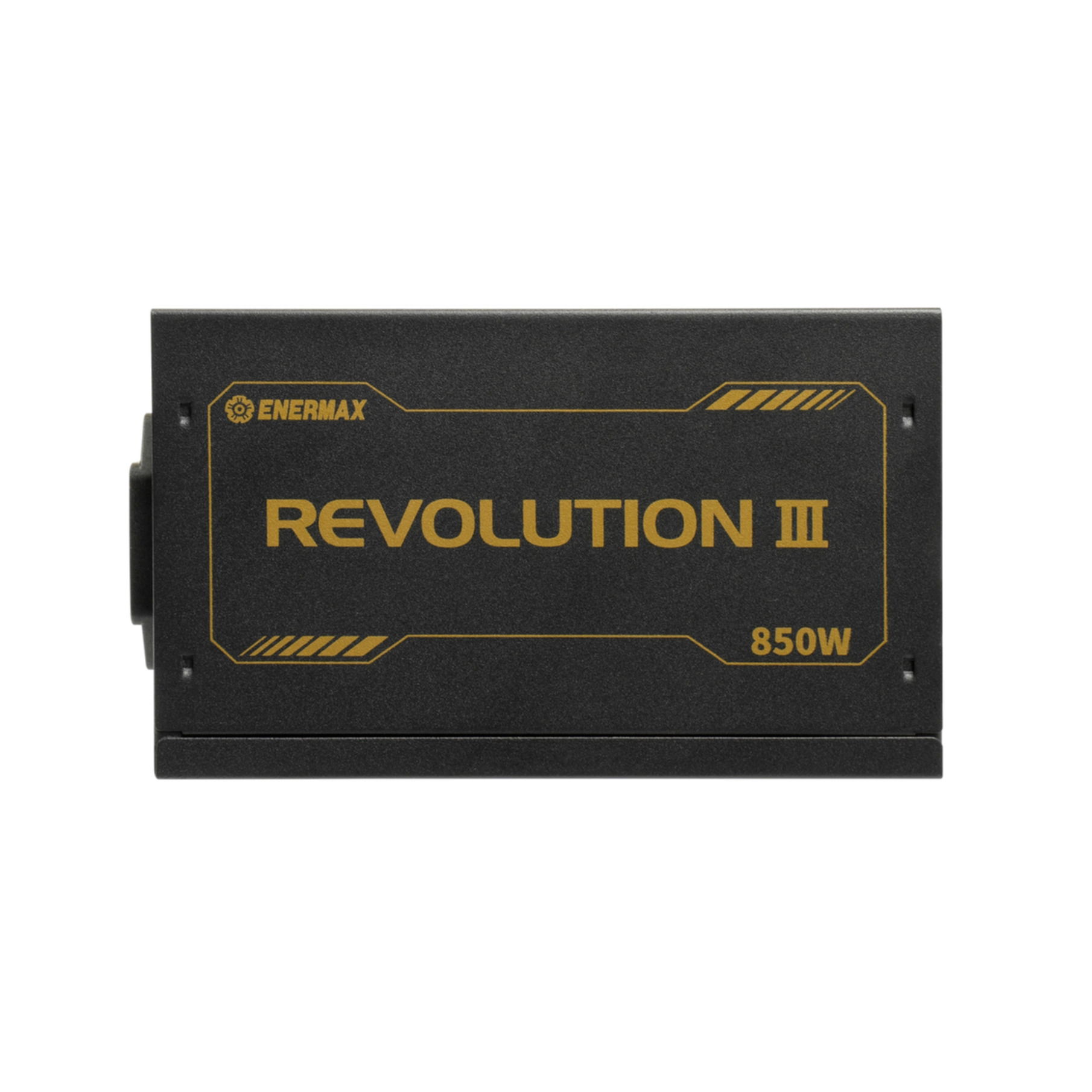 Alimentatore Enermax Revolution III 850W nero. Scritta oro, sfondo nero.